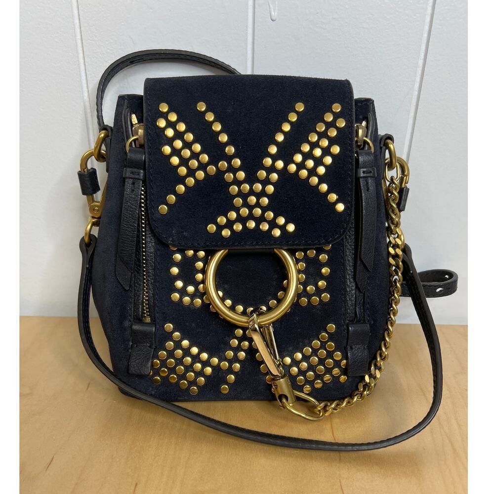 Chloe Rare Navy Blue Suede Gold Studded Faye Mini‎ Backpack/Shoulder Bag